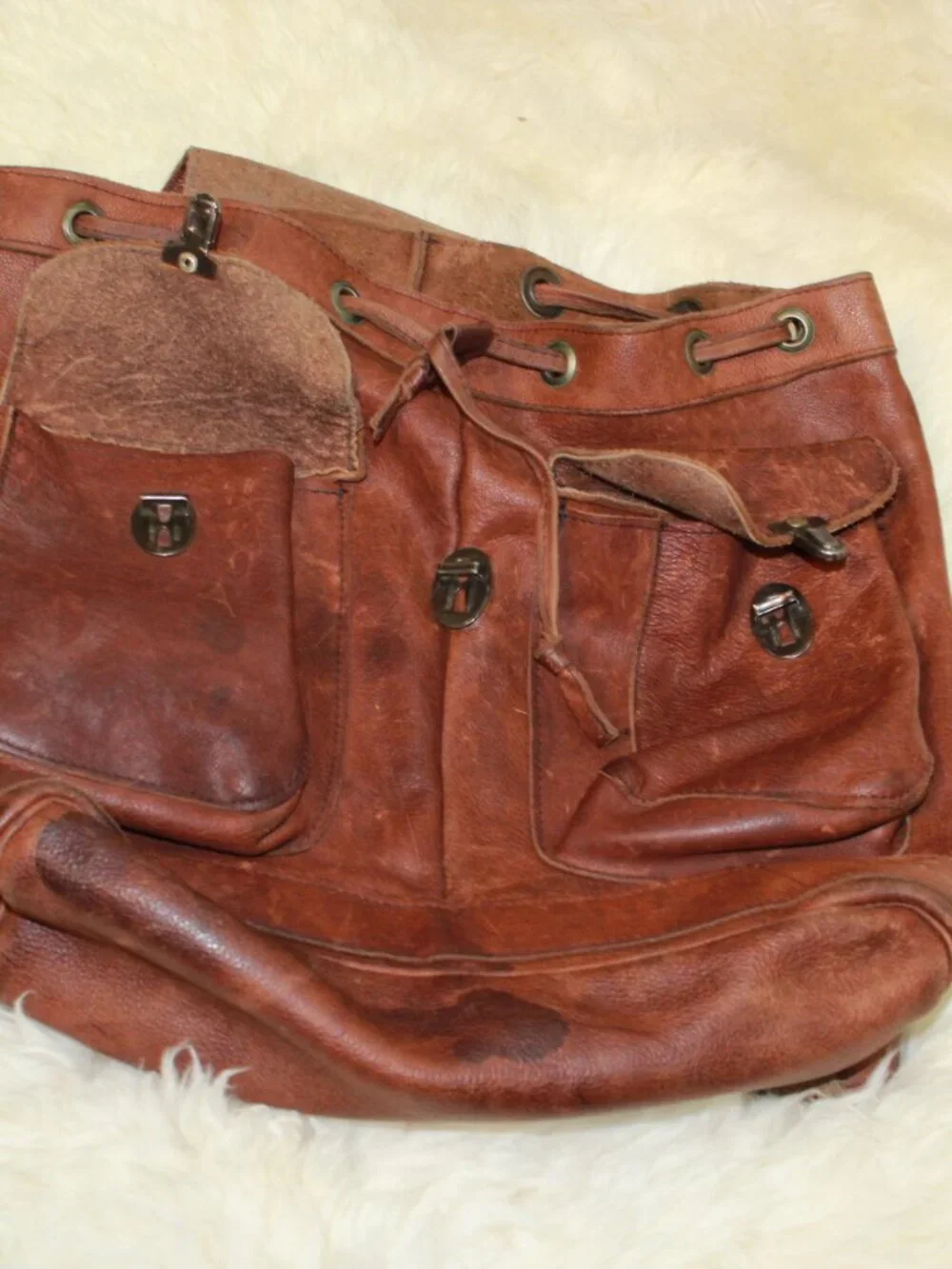 Vintage Brown Smooth Leather Drawstring Flap Close Unlined Rucksack Backpack